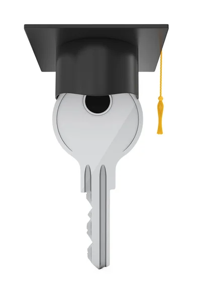 Концепція освіти. Ключ від випускного капелюха. 3D рендерингу — стокове фото