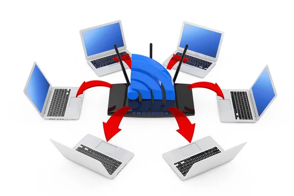 Laptops Arranged in a Circle Around a Modern WiFi Router and WiF — Stock Photo, Image