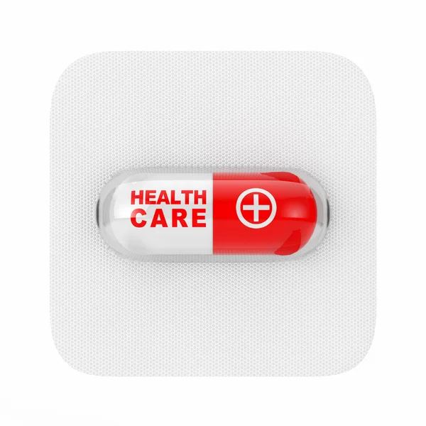 Píldora de la cápsula de medicamento médico con atención médica Iniciar sesión Blister. 3d R — Foto de Stock