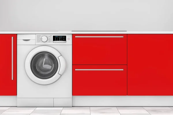 Red Modern Kitchen with Build-In Washing Machine. 3d Rendering — Stock Photo, Image