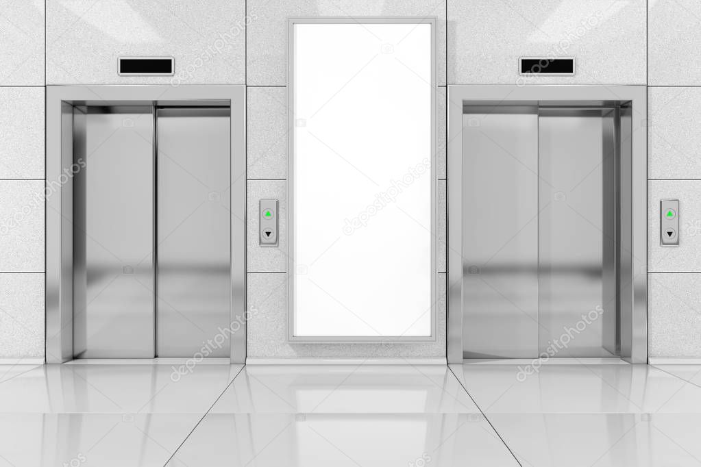 Blank Ad Billboard or Poster near Modern Elevator or Lift with M