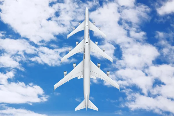 Ряд самолетов белых реактивных пассажиров в небе. 3D-рендеринг — стоковое фото