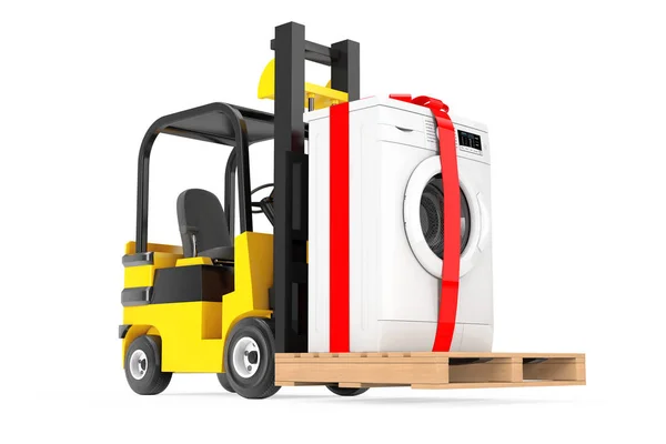 Forklift kamyon şerit ve yay ile Modern çamaşır makinesi taşır — Stok fotoğraf