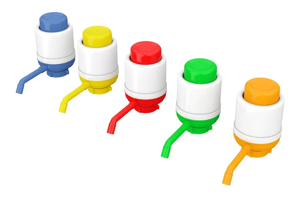Kleurrijke handmatige waterpompen voor waterflessen. 3D-rendering — Stockfoto