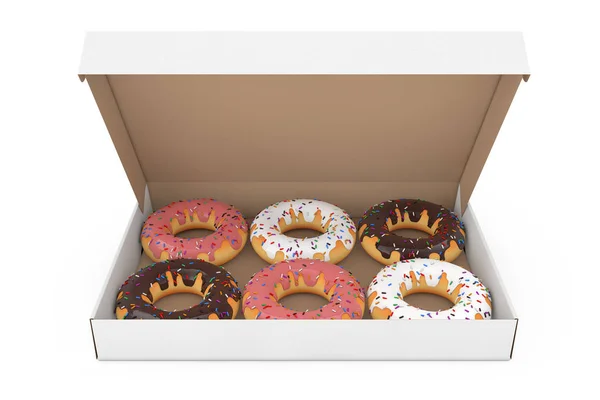 Bermacam-macam Sweet Donuts dalam Kotak Kardus Kertas. Perender 3d — Stok Foto