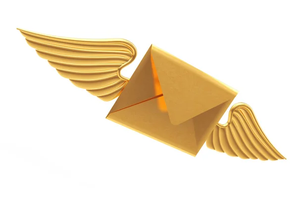 Lettre d'enveloppe dorée volante avec aile. Rendu 3d — Photo