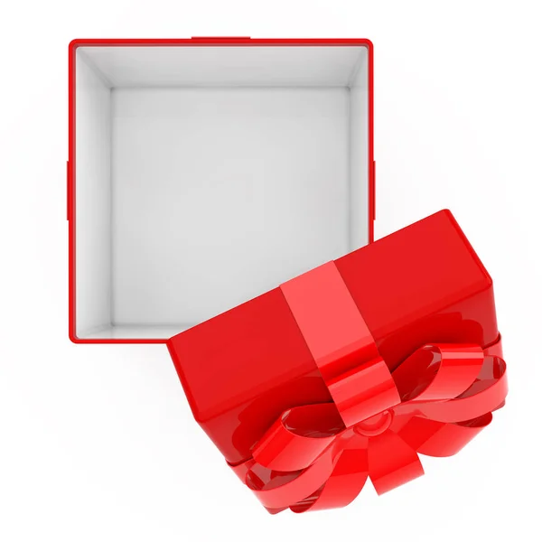 Caixa de presente vermelha aberta com vista superior da fita vermelha. Renderização 3d — Fotografia de Stock