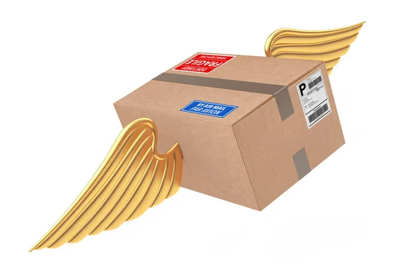 Konsep Pengiriman Surat Udara. Parsel Kotak Kardus dengan Sayap Emas — Stok Foto