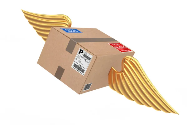 Légiposta szállítás fogalmát. Karton doboz parcellák arany szárny — Stock Fotó