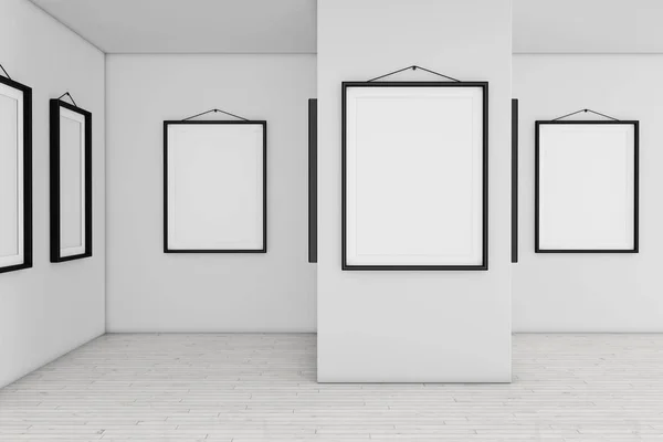 Konstmuseet galleri med vit Blank plakatet Mockup ramar. 3D re — Stockfoto