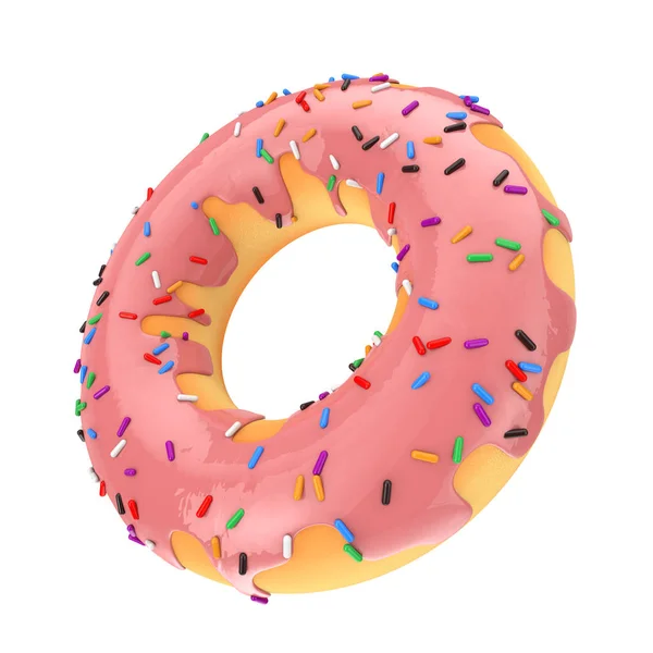 Großer Erdbeer rosa glasierter Donut mit Farbstreuern. 3D-Darstellung — Stockfoto