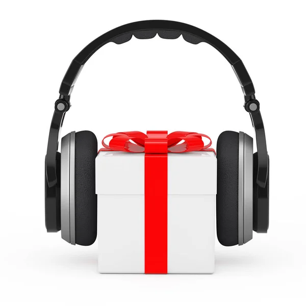Kulaklıklar yere beyaz hediye kutu kırmızı kurdele ile. 3D render — Stok fotoğraf
