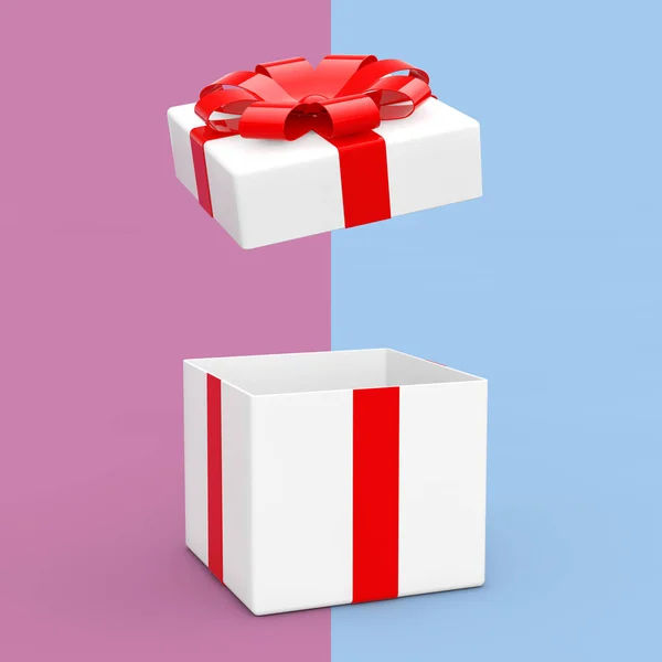 Boîte cadeau blanche ouverte avec ruban rouge. Rendu 3d — Photo
