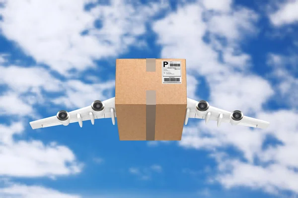 Αεροπορικά ναυτιλία έννοια. Χάρτινο κουτί δέμα με κινητήρες Jet — Φωτογραφία Αρχείου