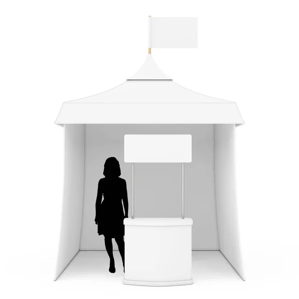 Bianco Promozione Stand con Donna Silhouette vicino Promozionale Adv — Foto Stock