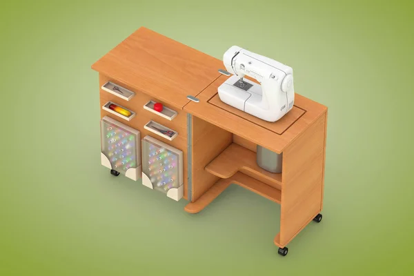 Máquina de coser en la mesa de madera del taller del sastre. Renderizado 3d —  Fotos de Stock