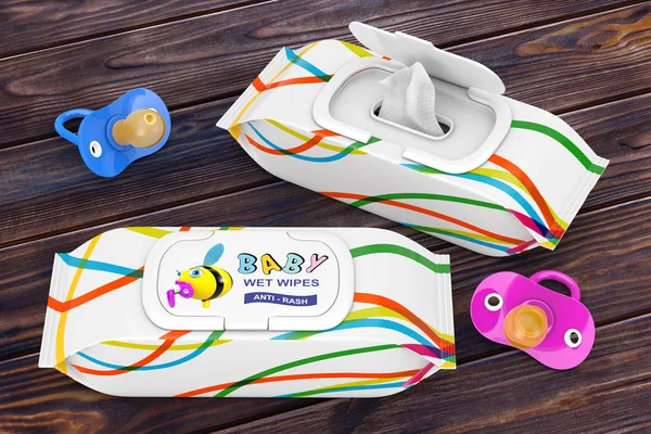 Baby Wet Wipes Package with Pacifiers. 3d Rendering