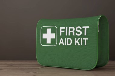 Yeşil ilk yardım kiti yumuşak çanta beyaz çarpı. 3D render