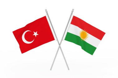 Çapraz Türkiye ve Kürdistan bayrakları. 3D render