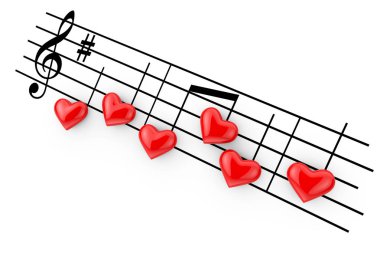 Romantik müzik konsepti. Soyut gibi kırmızı kalpler notlar. 3D Renderi