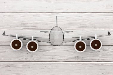 Yeni gün kavramında sinek. Kahve fincanları ile modern uçak Jet olarak 