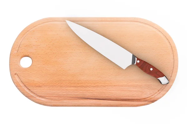 Steel Kitchen Chef Knife over Wooden Ciiking Cutting Board. 3d R — Stock Photo, Image