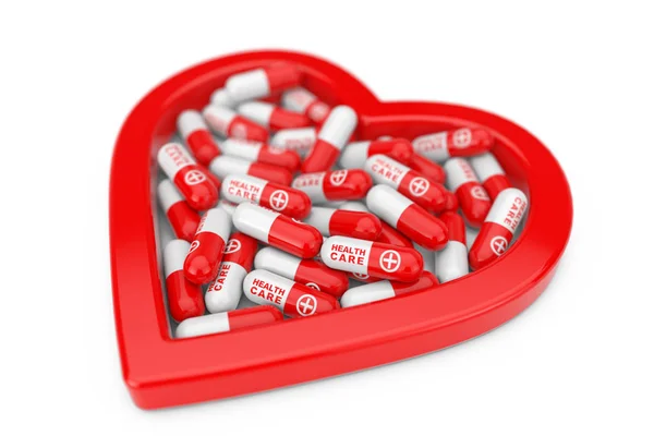 Un mucchio di pillole per la salute a forma di cuore rosso. 3d Rendering — Foto Stock
