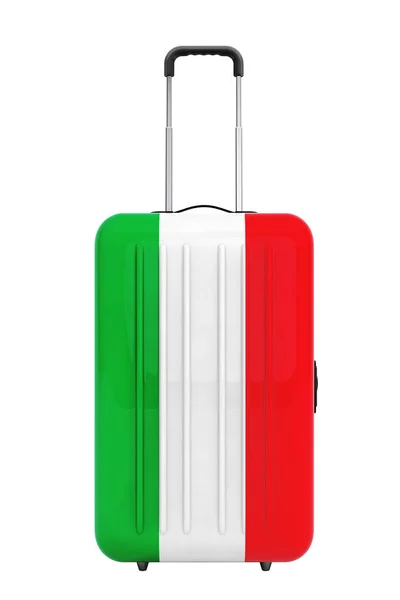 Reisen nach italien concep. Koffer mit italienischer Flagge. 3D-Darstellung — Stockfoto