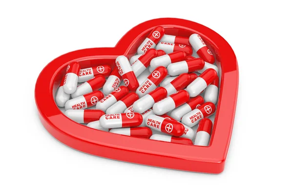 Heap of Health Care Pills in Red Heart Shape. 3d Rendering — Stock Photo, Image