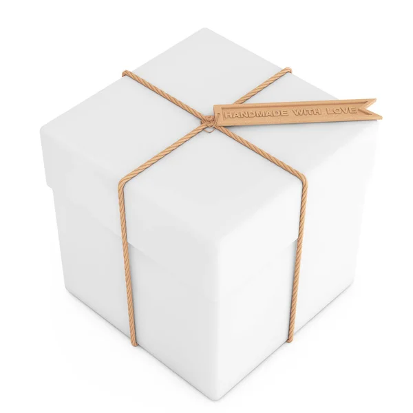 White Gift Box with Rope and Wooden Craft Tag with Handmade With — Stock Photo, Image