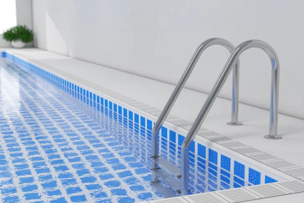 Escalera de piscina cromada en la piscina interior. Renderizado 3d —  Fotos de Stock