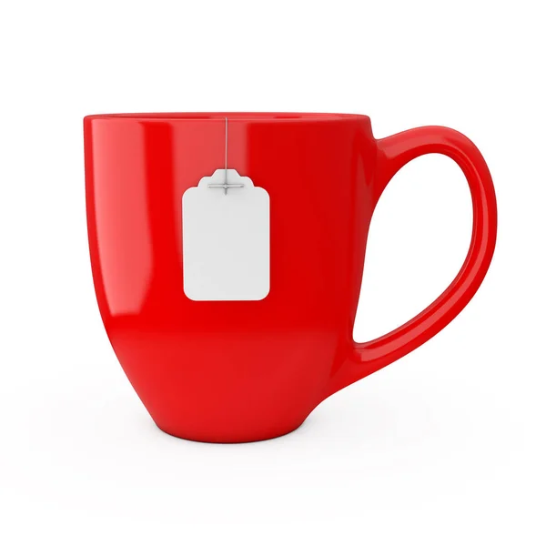Kırmızı fincan çay boş beyaz çay poşeti etiketi Mockup ile. 3D Renderi — Stok fotoğraf