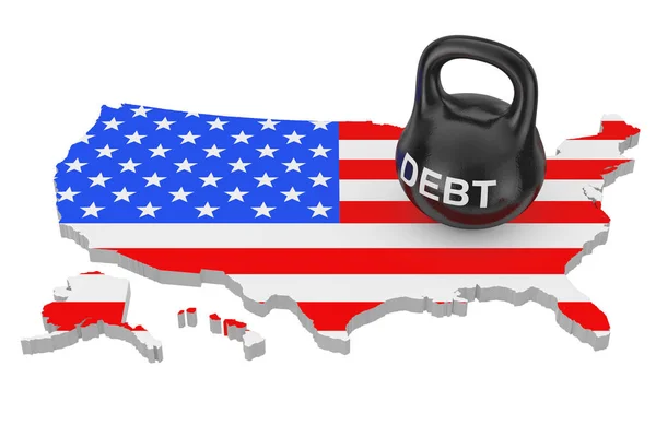 Debt Concept. Black Iron Kettlebell with Debt Sign over USA Map — Stock Photo, Image