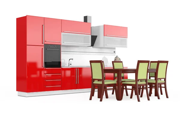 Mesa y sillas frente a los muebles de cocina rojo moderno con K — Foto de Stock