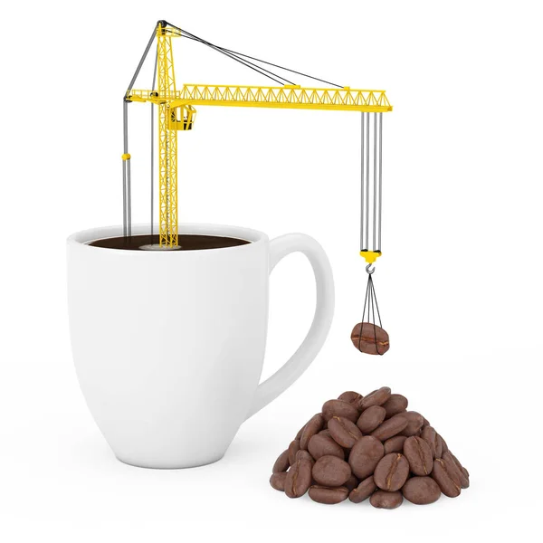 Žlutá věžový jeřáb umístit kávová zrna hrnek na kávu. 3D vykreslování — Stock fotografie