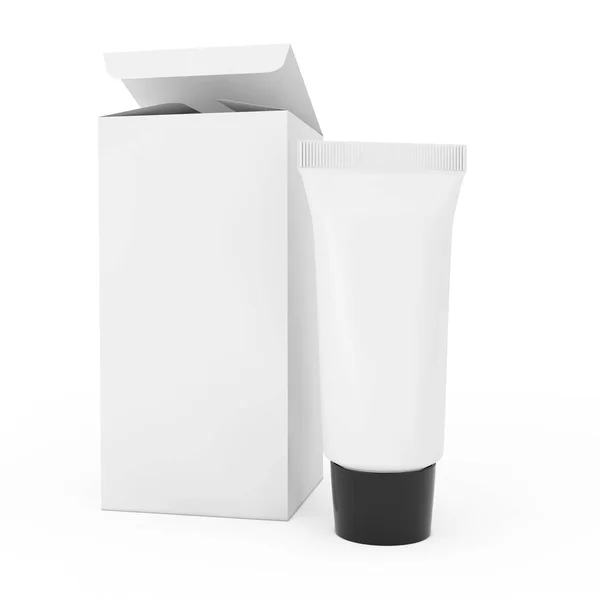 Tubo bianco vuoto della crema cosmetica vicino al pacchetto con lo spazio di Emrty fo — Foto Stock