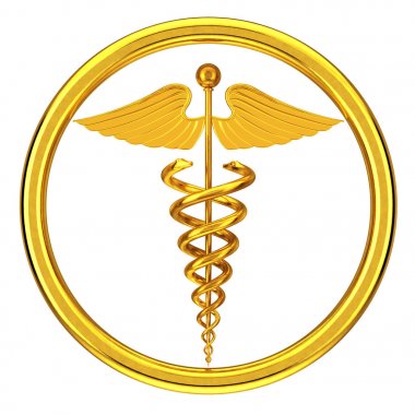Altın tıbbi Caduceus sembolü. 3D render