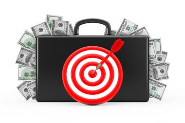 Siyah bavul yüz dolar hedefi olarak Dart ile dolu. 3D 