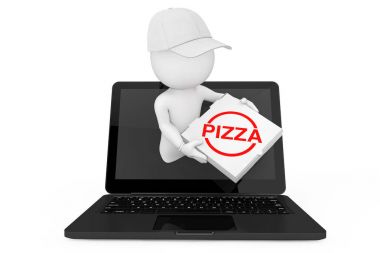 Online Pizza kavramı. 3D karakter Pizza satıcı teslim Pizza Th