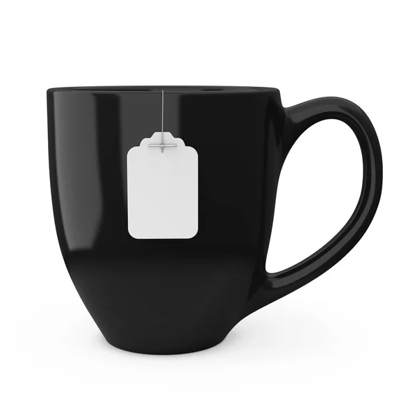 Xícara de chá preto com branco branco saco de chá etiqueta Mockup. Rende 3d — Fotografia de Stock