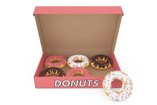 Bermacam-macam Sweet Donuts dalam Kotak Kardus Kertas. Perender 3d — Stok Foto