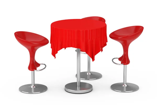 Tabourets de bar modernes rouges avec table et nappe. Rendu 3d — Photo