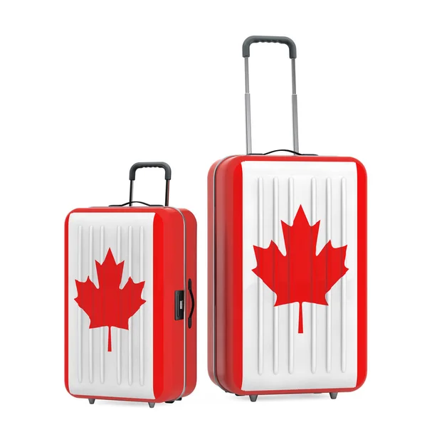Resa till Kanada begreppsmässigt. Resväska med Kanada flagga. 3D-rendering — Stockfoto