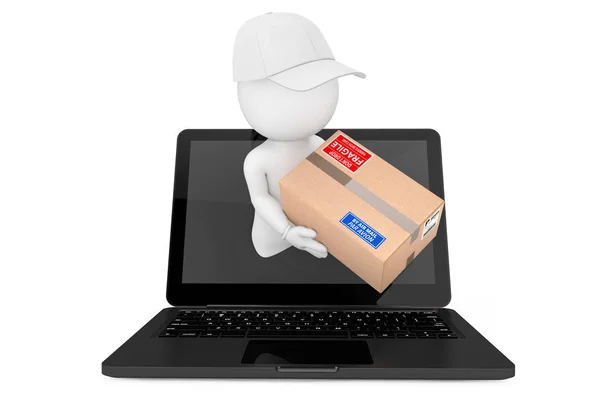 Fast Delivery Concept. 3d Character Deliver Parcel Through Lapto — Stock Photo, Image