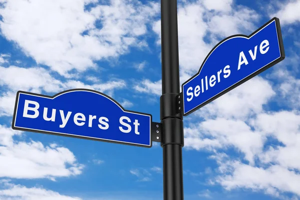 Buyers Street e Sellers Avenue Street Signs. Renderização 3d — Fotografia de Stock