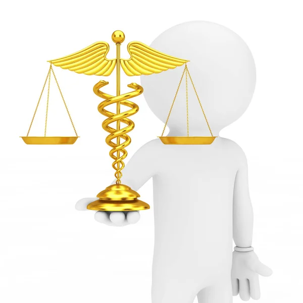 3d Person halten goldene medizinische Caduceus Symbol als Waage in der Hand. — Stockfoto