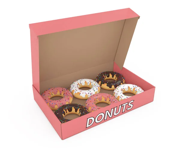 Surtido de rosquillas dulces en una caja de cartón de papel. Renderizado 3d — Foto de Stock