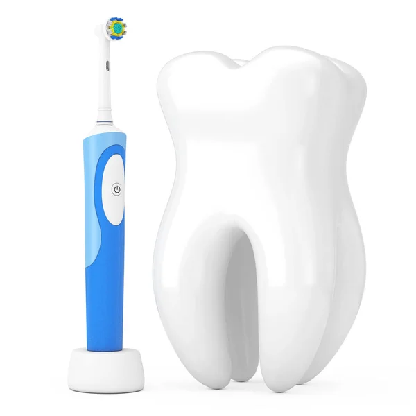 Nowe elektryczna szczoteczka do zębów na bezpłatnie stanąć w pobliżu duży biały ząb. — Zdjęcie stockowe