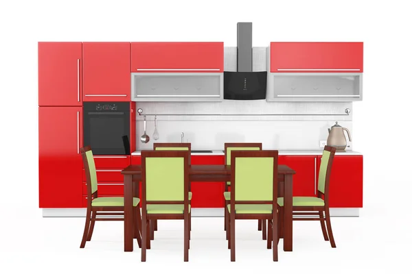 Table et chaises devant les meubles modernes de cuisine rouge avec K — Photo