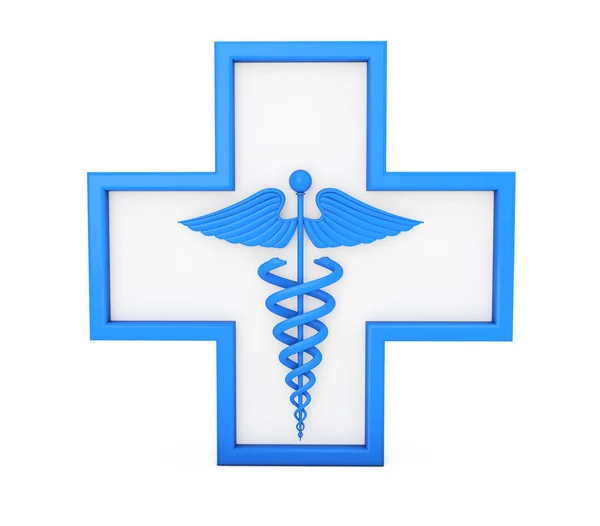 Símbolo de caduceo médico azul en cruz. Renderizado 3d — Foto de Stock